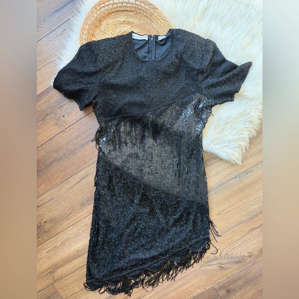 Vintage SCALA 80s Silk Gatsby Cocktail Asymmetric Sequins Beaded Black Dress XL
